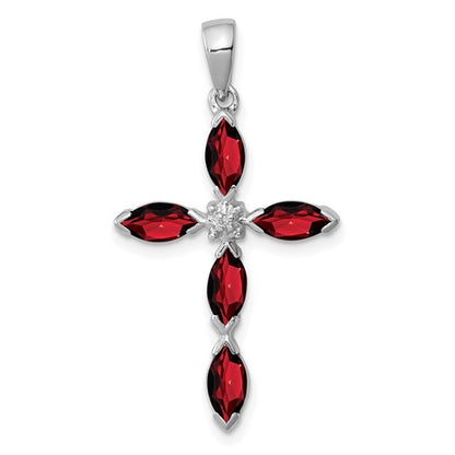 GSSP Sterling Silver Rhodium Garnet & Diamond Cross Pendant