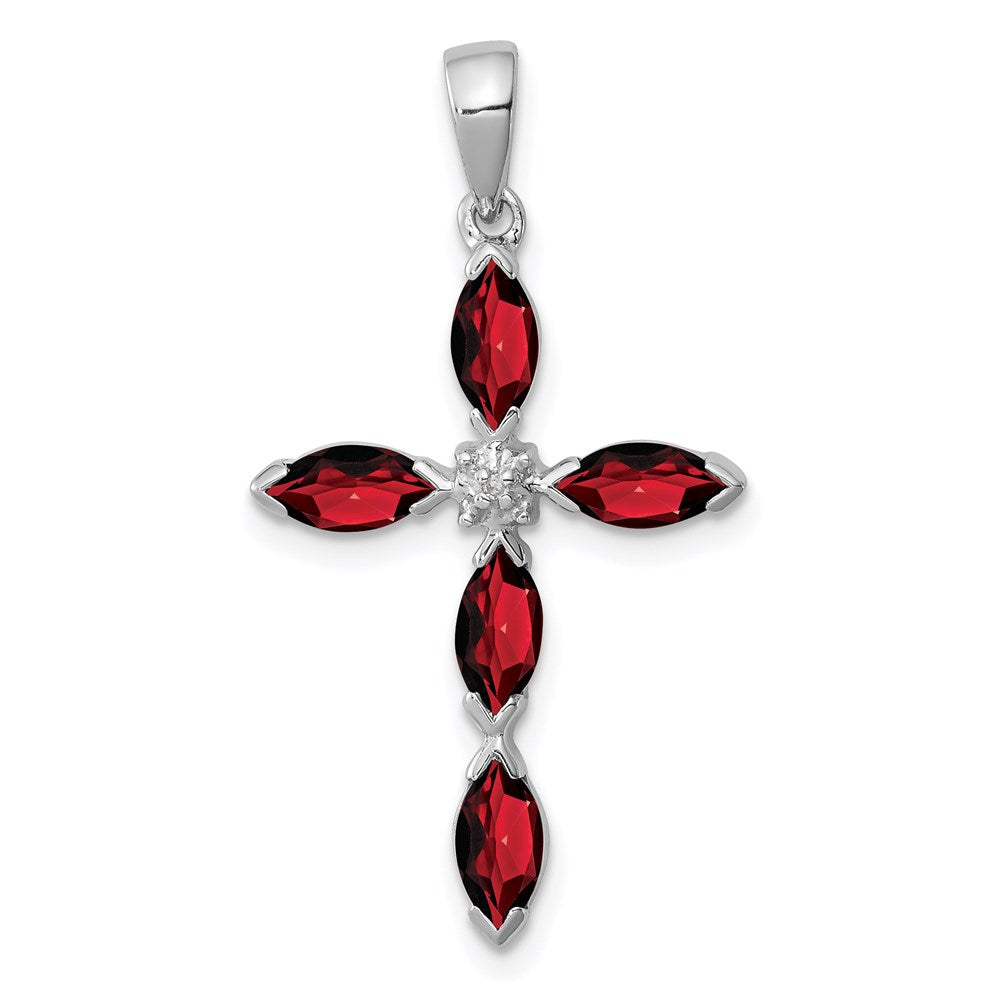 GSSP Sterling Silver Rhodium Garnet & Diamond Cross Pendant