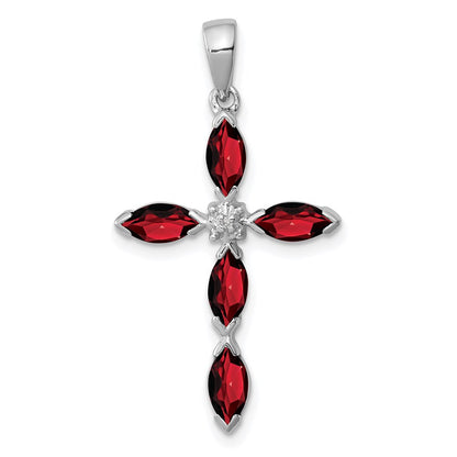 GSSP Sterling Silver Rhodium Garnet & Diamond Cross Pendant