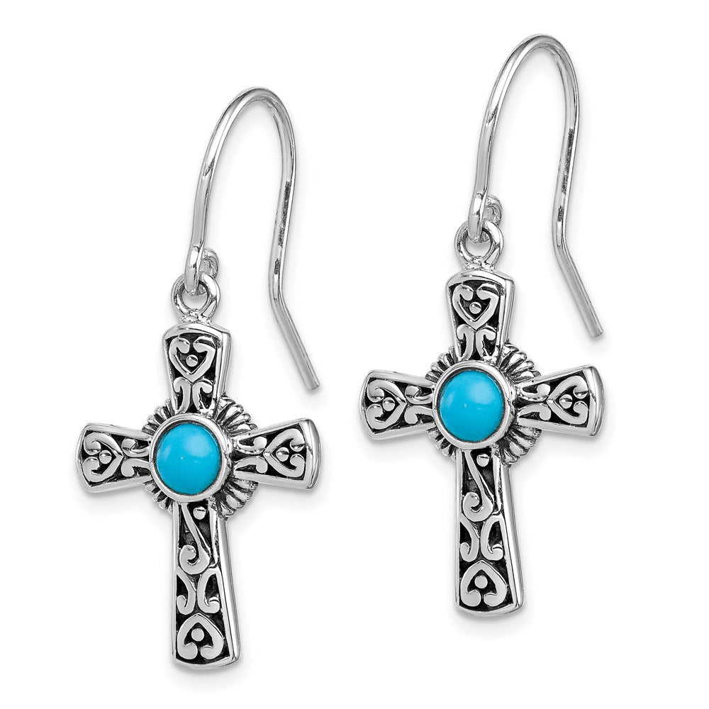 DSS Sterling Silver Antiqued Recon Turquoise Cross Shepherd Hook Earrings