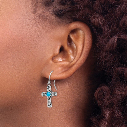 DSS Sterling Silver Antiqued Recon Turquoise Cross Shepherd Hook Earrings
