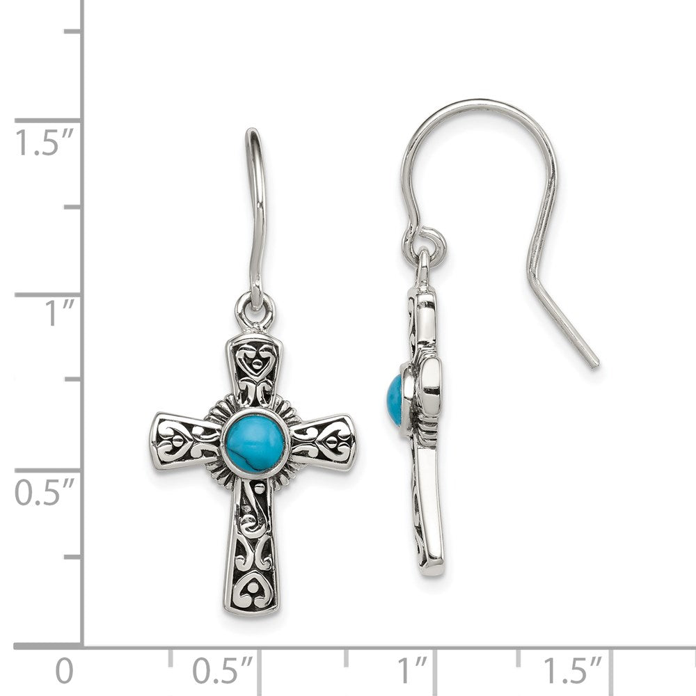DSS Sterling Silver Antiqued Recon Turquoise Cross Shepherd Hook Earrings