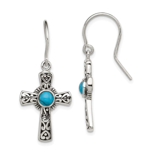DSS Sterling Silver Antiqued Recon Turquoise Cross Shepherd Hook Earrings
