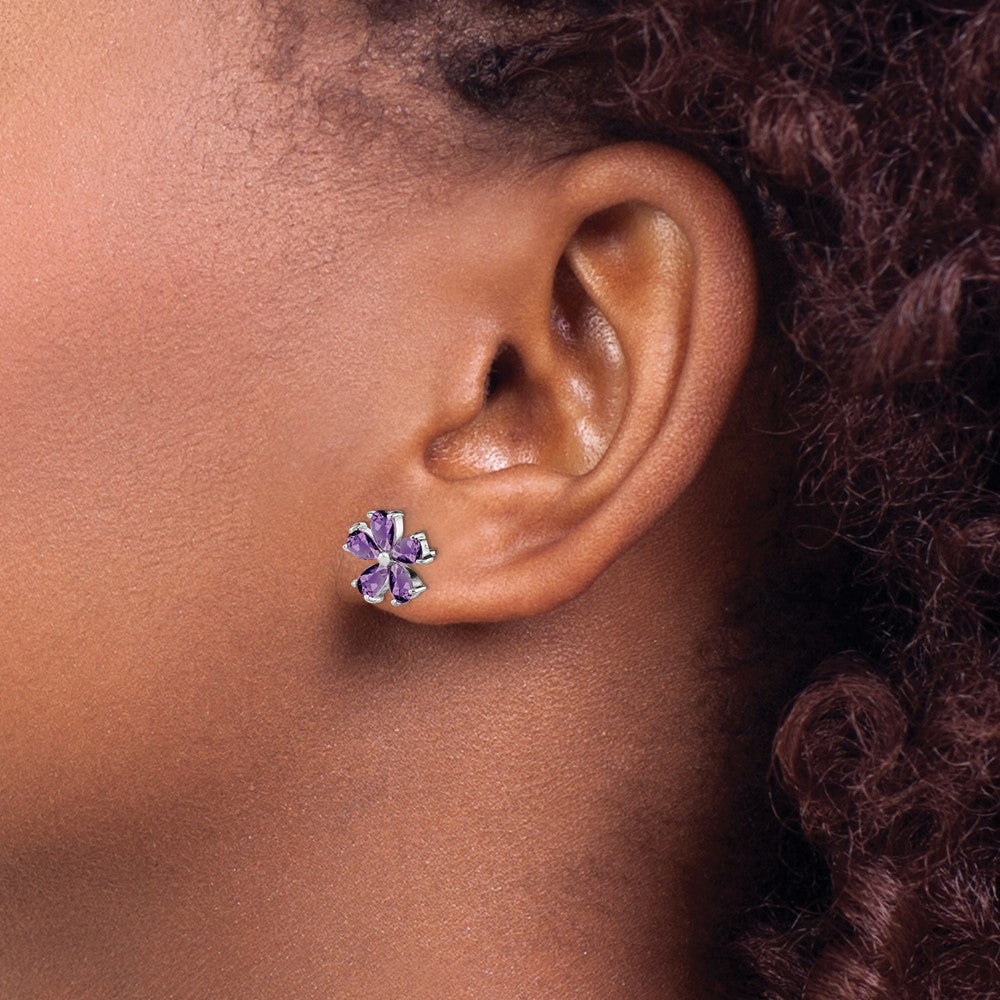 GSSE Sterling Silver Rhodium Plated Amethyst Floral Earrings