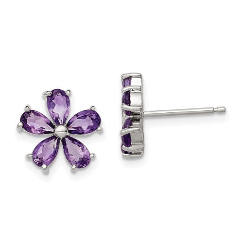 GSSE Sterling Silver Rhodium Plated Amethyst Floral Earrings