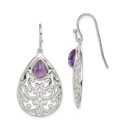 GSS Sterling Silver Rhodium-plated Amethyst Teardrop Shepherd Hook Earrings