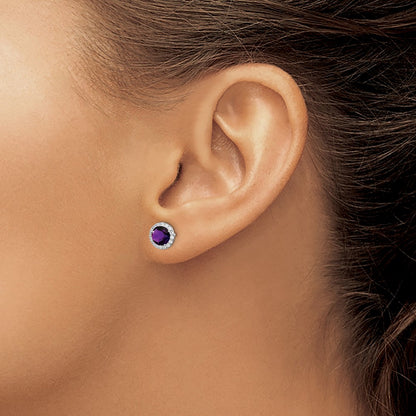 GSS Sterling Silver Rhodium-plated Amethyst and CZ Post Earrings