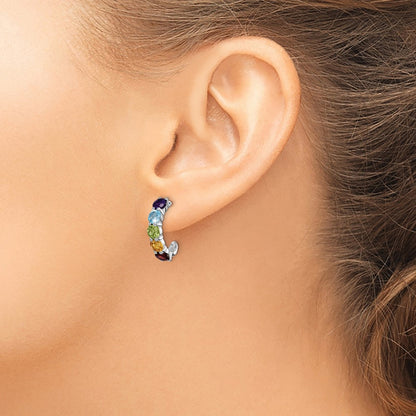 GSSE Sterling Silver Rhodium-plated Multi Gemstone J-Hoop Earrings