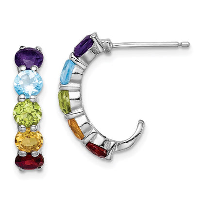 GSSE Sterling Silver Rhodium-plated Multi Gemstone J-Hoop Earrings