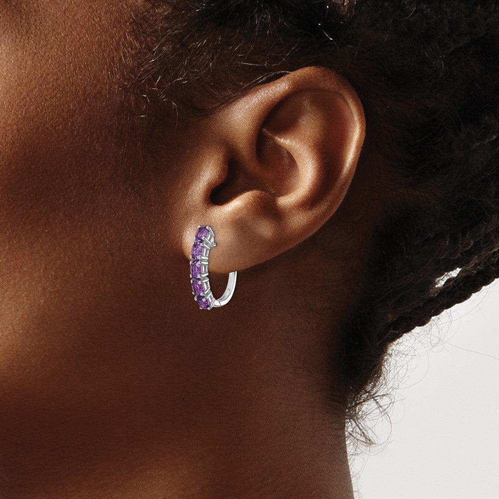 GSS Sterling Silver Rhodium-plated Polished Amethyst Hinged Hoop Earrings
