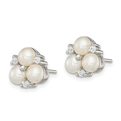 PSSE Sterling Silver Rhodium-plated 5-6mm White Button Freshwater Cultured 3-Pearl and CZ Post Earrings