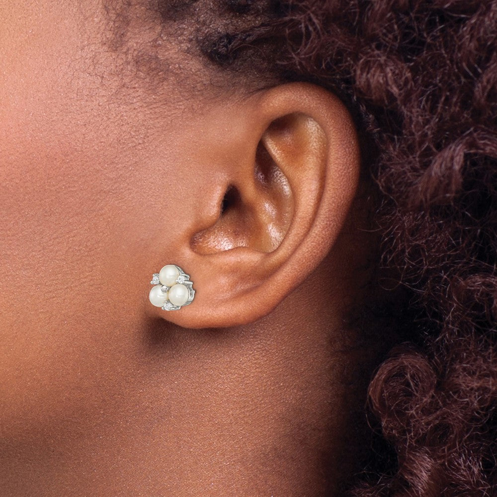 PSSE Sterling Silver Rhodium-plated 5-6mm White Button Freshwater Cultured 3-Pearl and CZ Post Earrings