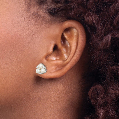 PSSE Sterling Silver Rhodium-plated 5-6mm White Button Freshwater Cultured 3-Pearl and CZ Post Earrings