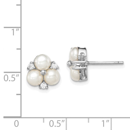 PSSE Sterling Silver Rhodium-plated 5-6mm White Button Freshwater Cultured 3-Pearl and CZ Post Earrings