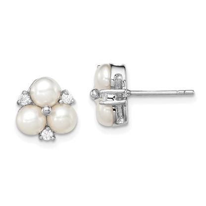 PSSE Sterling Silver Rhodium-plated 5-6mm White Button Freshwater Cultured 3-Pearl and CZ Post Earrings