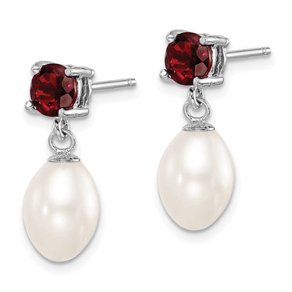 PSSE Sterling Silver Rhodium-plated 7-8mm White Teardrop Freshwater Cultured Pearl and 1.26GA Garnet Post Dangle Earrings