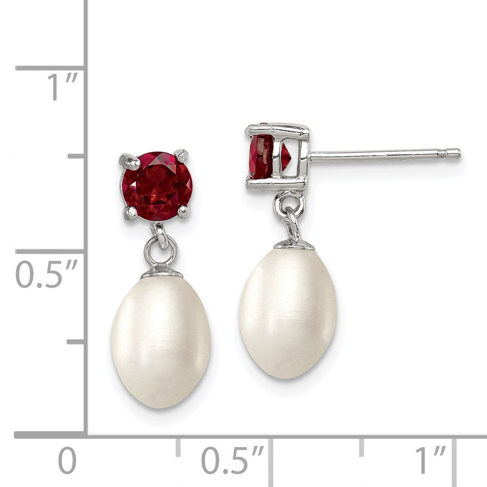 PSSE Sterling Silver Rhodium-plated 7-8mm White Teardrop Freshwater Cultured Pearl and 1.26GA Garnet Post Dangle Earrings