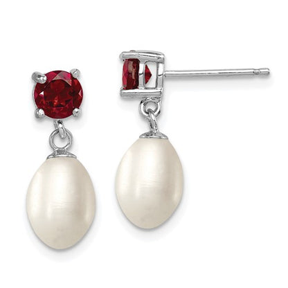 PSSE Sterling Silver Rhodium-plated 7-8mm White Teardrop Freshwater Cultured Pearl and 1.26GA Garnet Post Dangle Earrings
