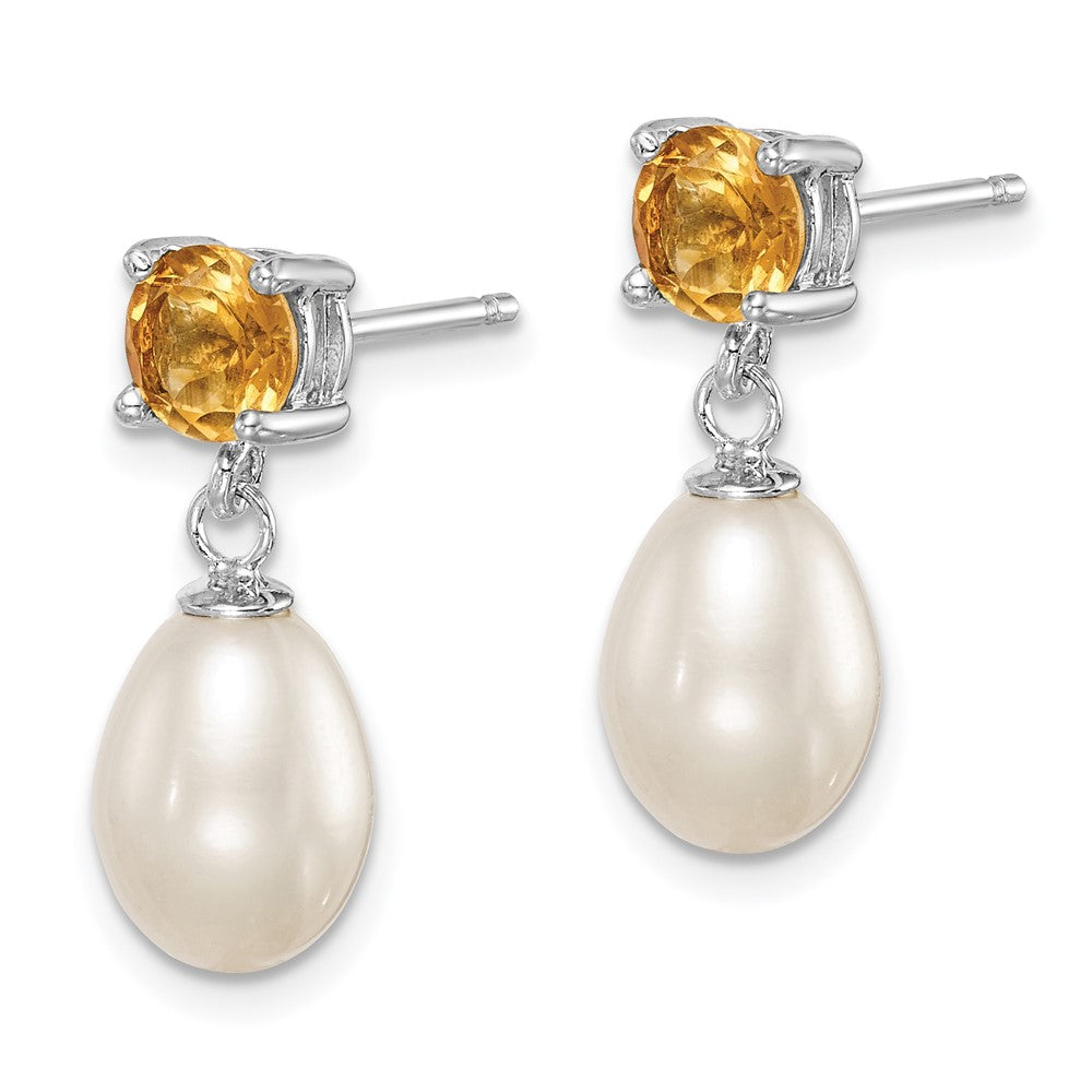 PSSE Sterling Silver Rhodium-plated 7-8mm White Teardrop Freshwater Cultured Pearl and .94CI Citrine Post Dangle Earrings