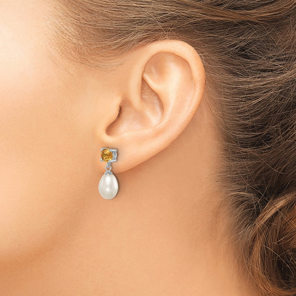 PSSE Sterling Silver Rhodium-plated 7-8mm White Teardrop Freshwater Cultured Pearl and .94CI Citrine Post Dangle Earrings