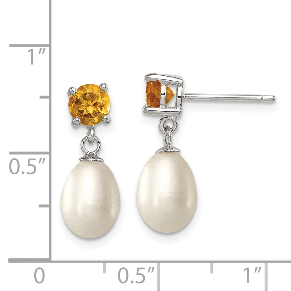PSSE Sterling Silver Rhodium-plated 7-8mm White Teardrop Freshwater Cultured Pearl and .94CI Citrine Post Dangle Earrings