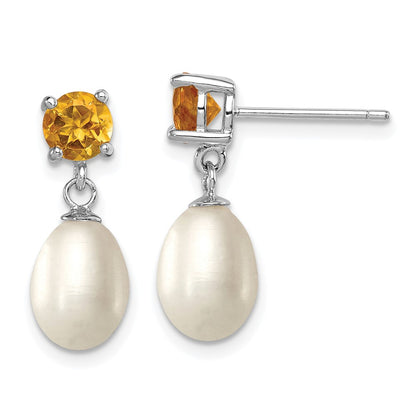 PSSE Sterling Silver Rhodium-plated 7-8mm White Teardrop Freshwater Cultured Pearl and .94CI Citrine Post Dangle Earrings