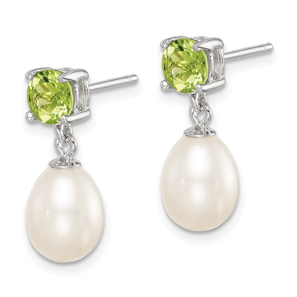 PSSE Sterling Silver Rhodium-plated 7-8mm White Teardrop Freshwater Cultured Pearl and 1.12PE Peridot Post Dangle Earrings