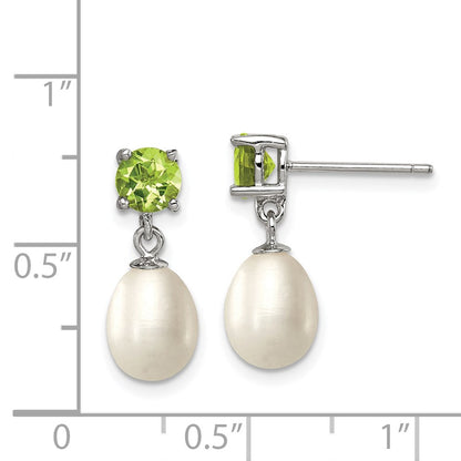 PSSE Sterling Silver Rhodium-plated 7-8mm White Teardrop Freshwater Cultured Pearl and 1.12PE Peridot Post Dangle Earrings