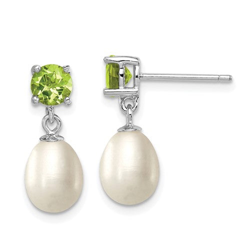PSSE Sterling Silver Rhodium-plated 7-8mm White Teardrop Freshwater Cultured Pearl and 1.12PE Peridot Post Dangle Earrings