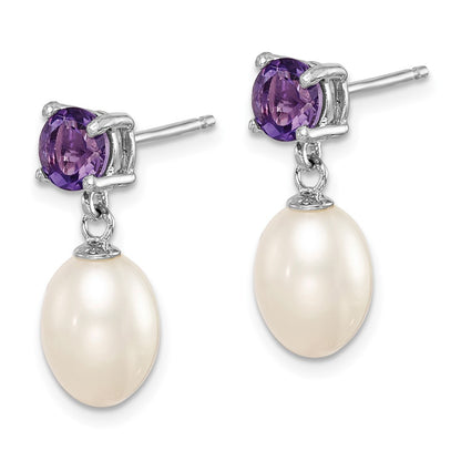 PSSE Sterling Silver Rhodium-plated 7-8mm White Teardrop Freshwater Cultured Pearl and .84AM Amethyst Post Dangle Earrings