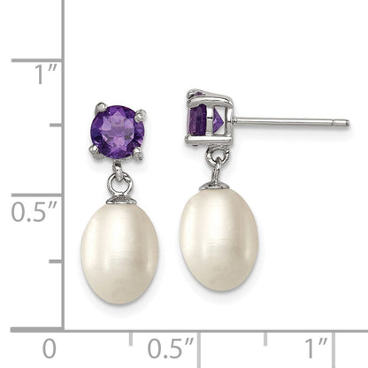 PSSE Sterling Silver Rhodium-plated 7-8mm White Teardrop Freshwater Cultured Pearl and .84AM Amethyst Post Dangle Earrings