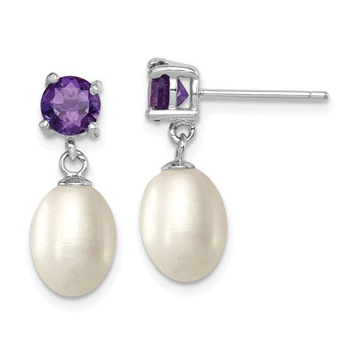PSSE Sterling Silver Rhodium-plated 7-8mm White Teardrop Freshwater Cultured Pearl and .84AM Amethyst Post Dangle Earrings