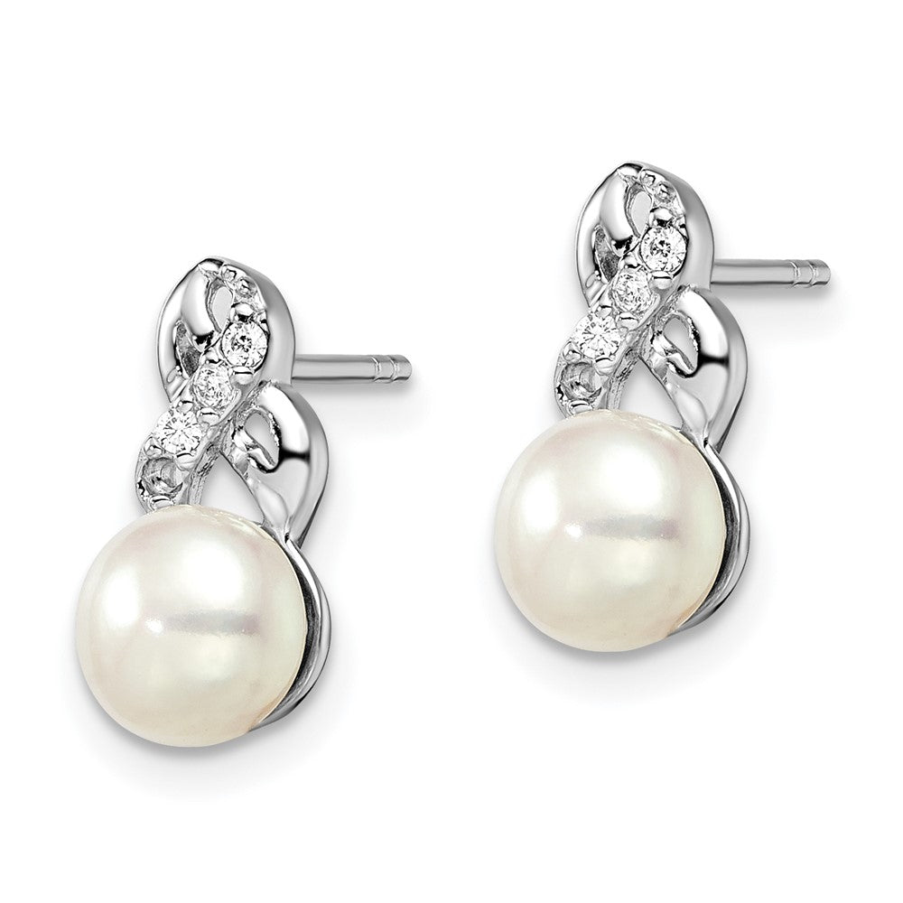 PSSE Sterling Silver Rhodium-plated 6-7mm White Button Freshwater Cultured Pearl and CZ Post Earrings