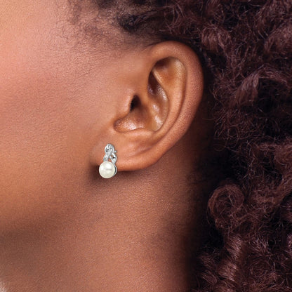PSSE Sterling Silver Rhodium-plated 6-7mm White Button Freshwater Cultured Pearl and CZ Post Earrings