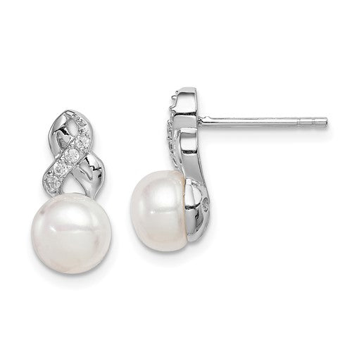 PSSE Sterling Silver Rhodium-plated 6-7mm White Button Freshwater Cultured Pearl and CZ Post Earrings