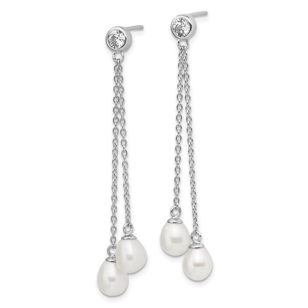 PSSE Sterling Silver Rhodium-plated 6-7mm White Rice Freshwater Cultured Pearl and CZ Post Dangle Earrings