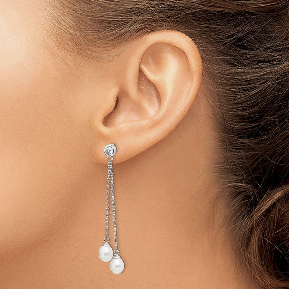 PSSE Sterling Silver Rhodium-plated 6-7mm White Rice Freshwater Cultured Pearl and CZ Post Dangle Earrings