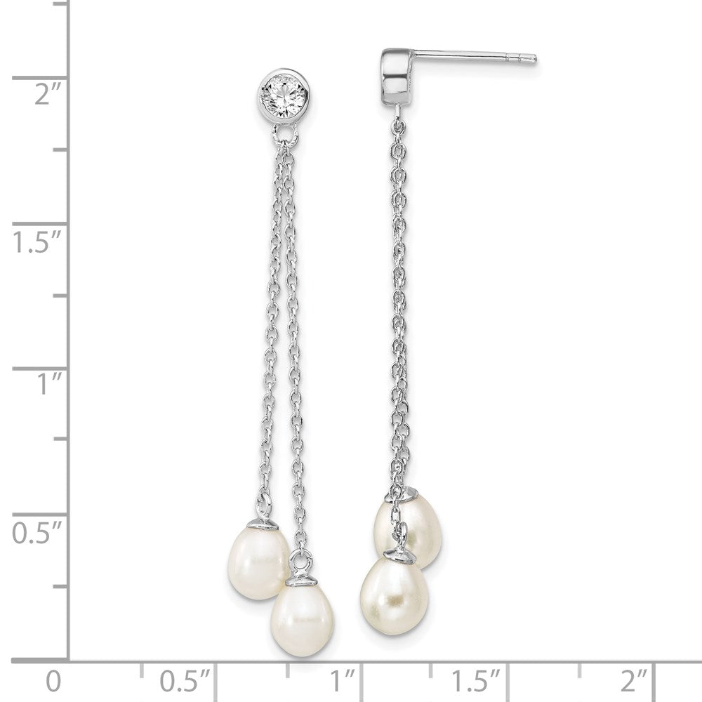 PSSE Sterling Silver Rhodium-plated 6-7mm White Rice Freshwater Cultured Pearl and CZ Post Dangle Earrings