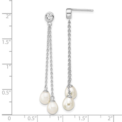 PSSE Sterling Silver Rhodium-plated 6-7mm White Rice Freshwater Cultured Pearl and CZ Post Dangle Earrings