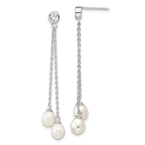 PSSE Sterling Silver Rhodium-plated 6-7mm White Rice Freshwater Cultured Pearl and CZ Post Dangle Earrings