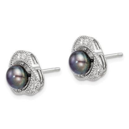 PSSE Sterling Silver Polished Black 6-7mm Freshwater Cultured Pearl and White Topaz Post Earrings