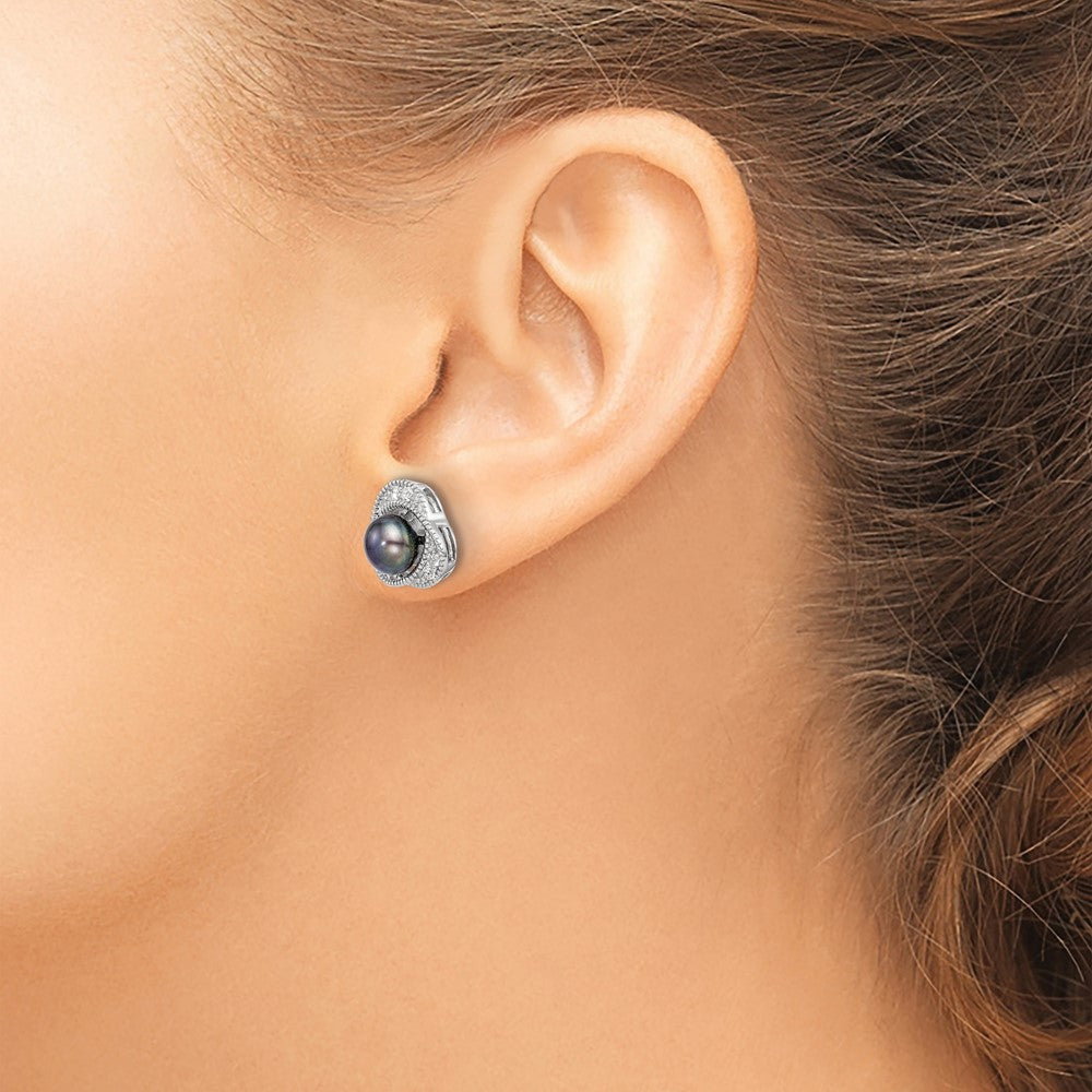 PSSE Sterling Silver Polished Black 6-7mm Freshwater Cultured Pearl and White Topaz Post Earrings