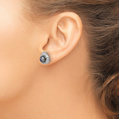 PSSE Sterling Silver Polished Black 6-7mm Freshwater Cultured Pearl and White Topaz Post Earrings