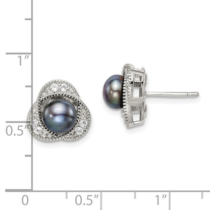 PSSE Sterling Silver Polished Black 6-7mm Freshwater Cultured Pearl and White Topaz Post Earrings