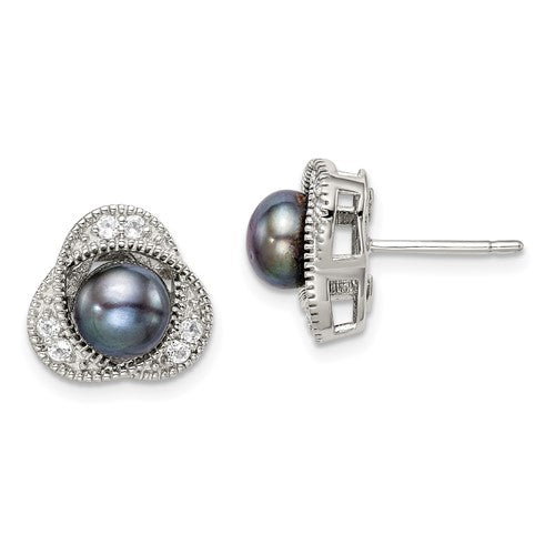 PSSE Sterling Silver Polished Black 6-7mm Freshwater Cultured Pearl and White Topaz Post Earrings