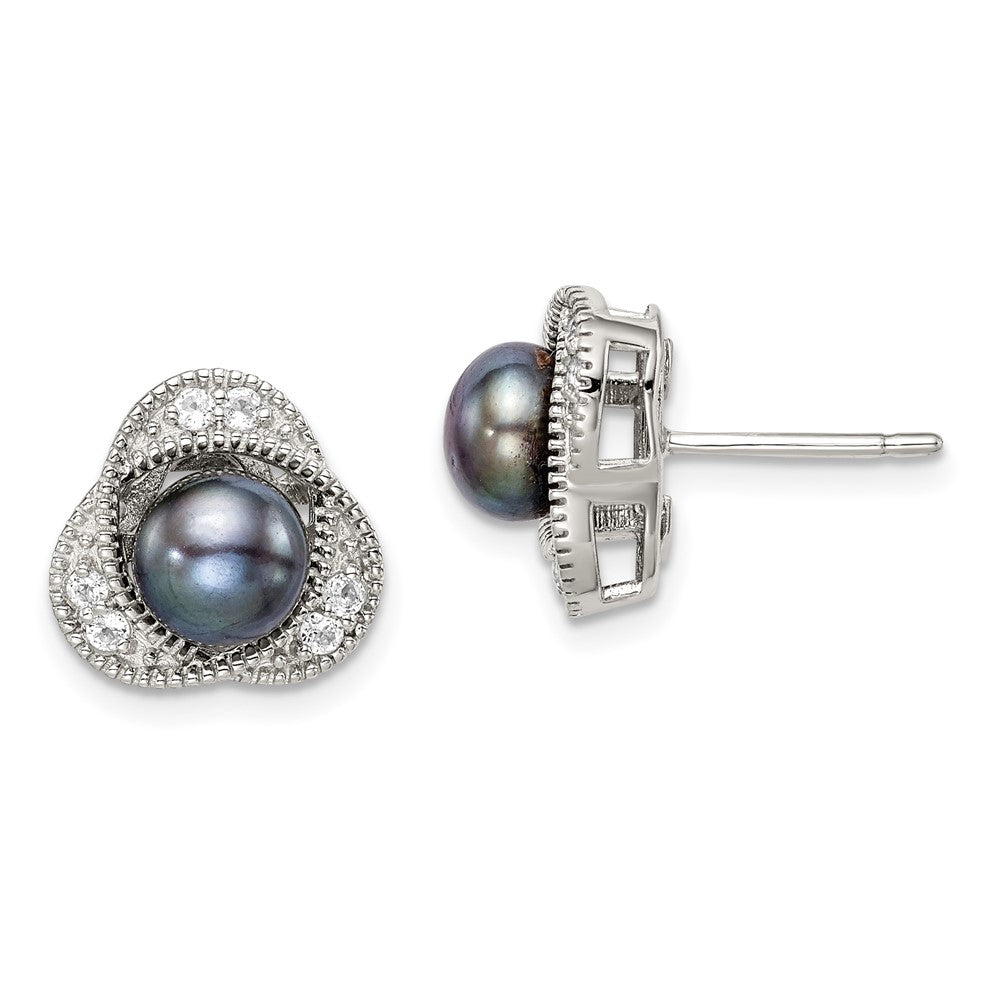 PSSE Sterling Silver Polished Black 6-7mm Freshwater Cultured Pearl and White Topaz Post Earrings