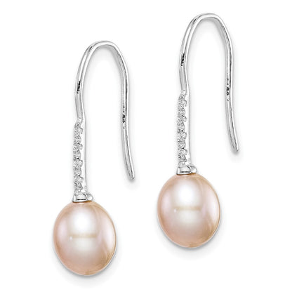 PSSE Sterling Silver Rhodium-plated 7-8mm Pink Teardrop Freshwater Cultured Pearl and CZ Dangle Earrings