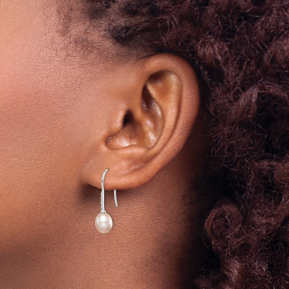 PSSE Sterling Silver Rhodium-plated 7-8mm Pink Teardrop Freshwater Cultured Pearl and CZ Dangle Earrings