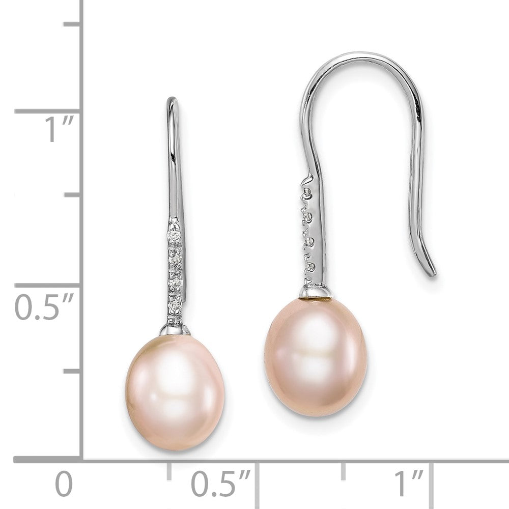 PSSE Sterling Silver Rhodium-plated 7-8mm Pink Teardrop Freshwater Cultured Pearl and CZ Dangle Earrings