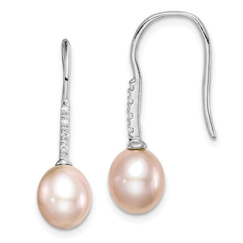 PSSE Sterling Silver Rhodium-plated 7-8mm Pink Teardrop Freshwater Cultured Pearl and CZ Dangle Earrings